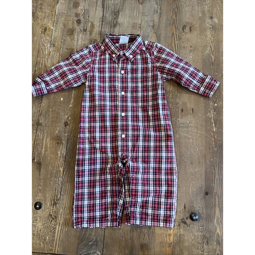 Gymboree Baby Boy 6-12 Months Red Plaid Button Down One Peice Romper With Snaps